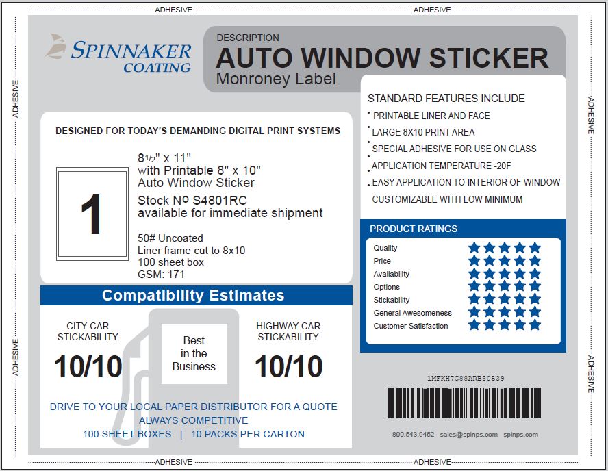 Auto Window Sticker, Monroney, 8.5 x 11 Sheet Size, 8 x 10 Label Size, 100  Sheets per Box